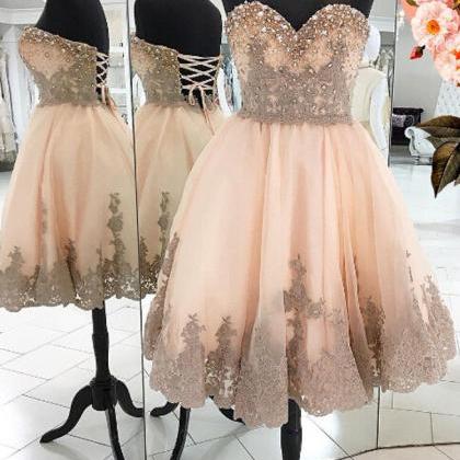 Peach Homecoming Dress With Appliques, Beading..