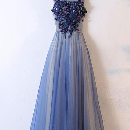 Blue Prom Dresses,tulle Prom Dresses, Round Neck..