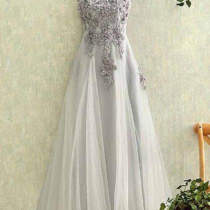 Gray Prom Dresses,tulle Prom Dress,round Neck Prom..