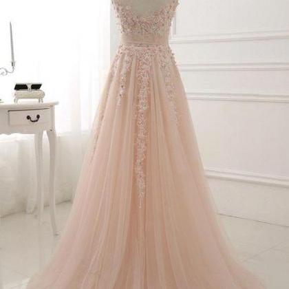 Pink Prom Dresses,round Neck Prom Gown,lace..