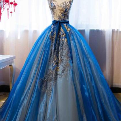 Blue Quinceanera Dresses,organza Prom Gown,v-neck..