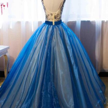 Blue Quinceanera Dresses,organza Prom Gown,v-neck..