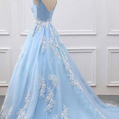 Sky Blue Prom Gown,appliques Prom Dress,charming..