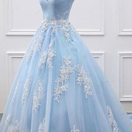 Sky Blue Prom Gown,appliques Prom Dress,charming..
