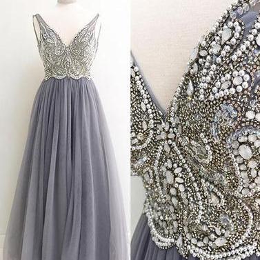 A-line Prom Gown,v-neck Prom Dress,gray Prom..
