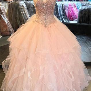 Pink Prom Dresses,tulle Prom Gown,v Neck Prom..