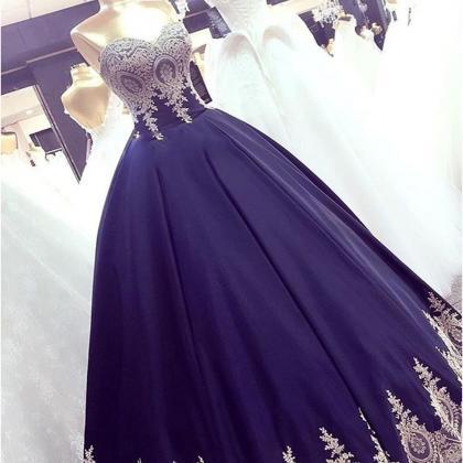 Navy Blue Prom Dresses,appliques Prom Gown,ball..