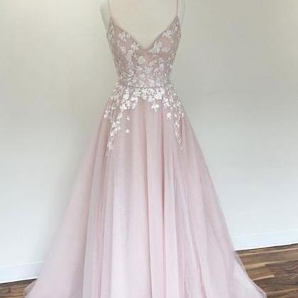 Light Pink Prom Gown,v Neck Prom Dress,tulle Prom..
