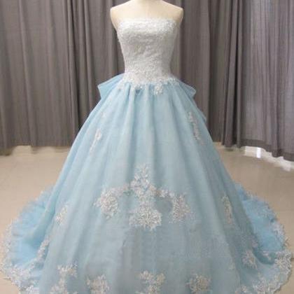 Blue Ball Gown,tulle Prom Dresses,strapless Prom..