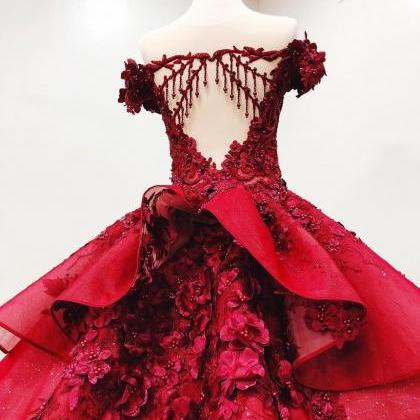 Red Prom Gown,ball Gown Prom Dress With Beads,..
