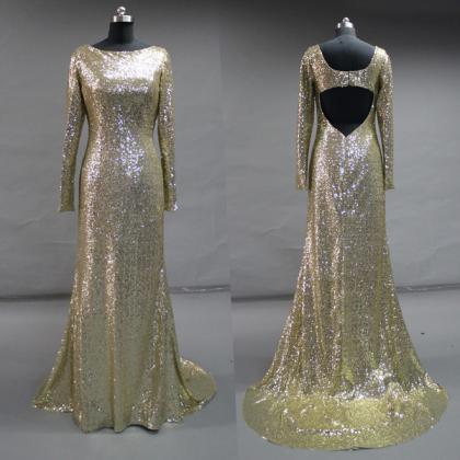 Shiny Sequin Gold Long Sleeves Mermaid Prom..