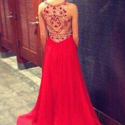unique prom dress, a line red chiff..