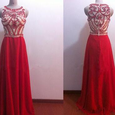 Red Chiffon See Through Bodice Long Prom..