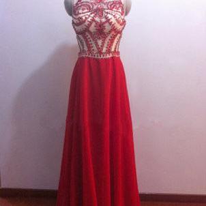 Red Chiffon See Through Bodice Long Prom..