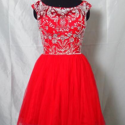 High Neck Rhinestones Red Tulle Short Homecoming..