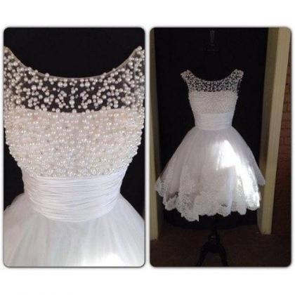 Off The Shoulder Pearls White Lace Appliques Short..