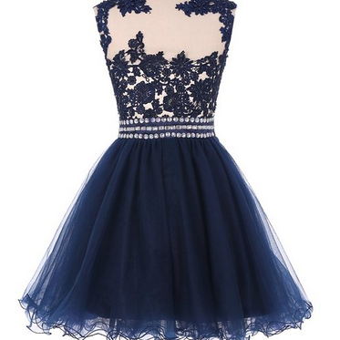 Navy Blue Lace Short Prom Dress Homecoming Dresses..