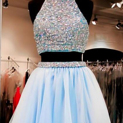 Two Pieces Light Blue Short Prom Dresses Ball..