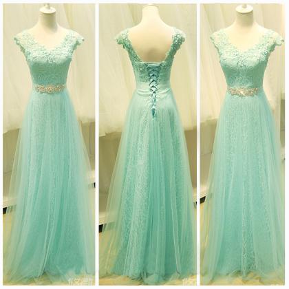 A Line Mint Lace Tulle Cap Sleeves Prom Dresses,..