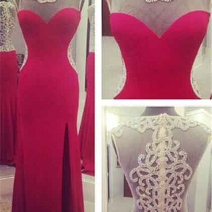 Red Long Prom Dresses,front Split Sheath Prom..