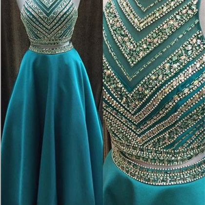 2 Pieces Bodice Green Prom Dresses,high Neck Mid..