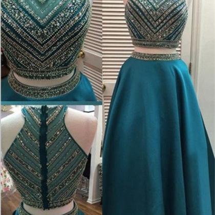 2 Pieces Bodice Green Prom Dresses,high Neck Mid..