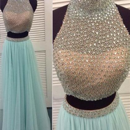 High Neck Bodice Two Pieces Beaded Long Prom..