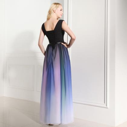 Off The Shoulder Colorized Gradient Chiffon Prom..