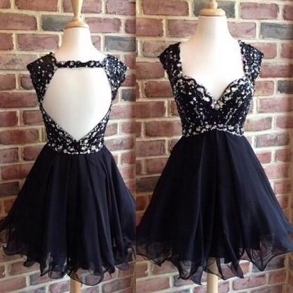 Black Lace Homecoming Dresses ,cap Sleeves..