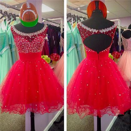 Red Tulle Homecoming Dresses ,boat Neck Open Back..