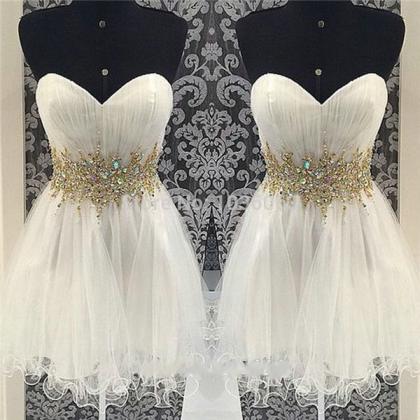 Gold Beaded Ivory Tulle Homecoming Dresses ,a Line..