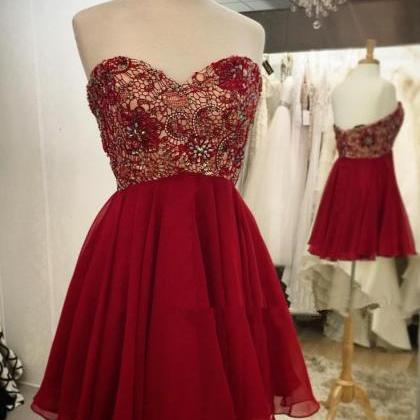Empire Waist Red Lace Short Prom Dress Homecoming..