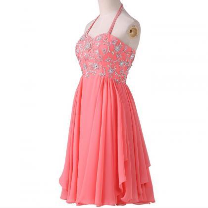Empire Waist Coral Chiffon Homecoming Dresses..