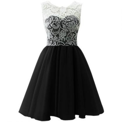 White Lace Black Chiffon Short Homecoming Dresses..