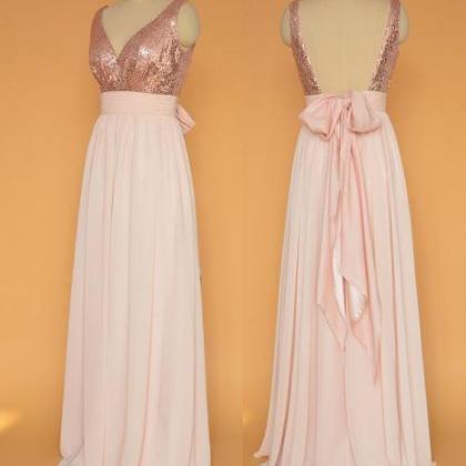V-neck Rose Gold Chiffon A-line Floor-length Dress..