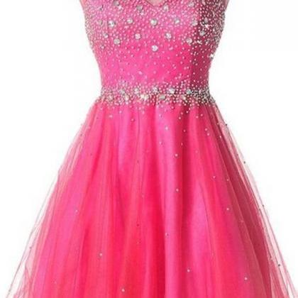 Pink Tulle High Neck Backless Homecoming Dresses..