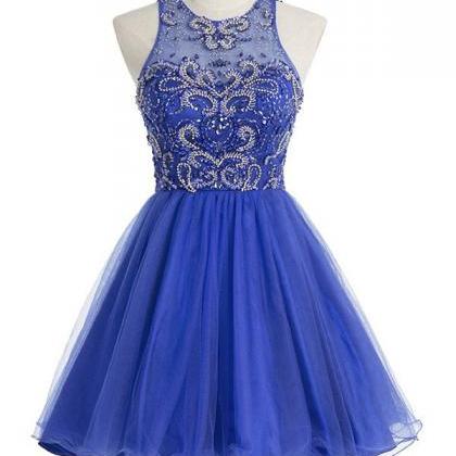 Royal Blue Short A-line Tulle Homecoming Dress..