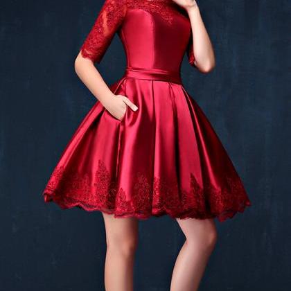 Half Long Sleeves Burgundy Lace Homecoming Dresses..