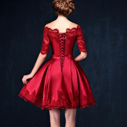 Half Long Sleeves Burgundy Lace Homecoming Dresses..
