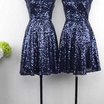 Dark Blue Sequin Homecoming Dresses ,short..