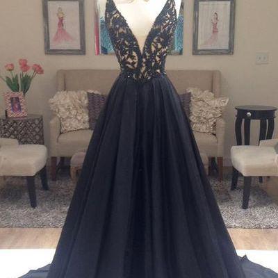 Black Prom Dress, A Line Prom Dresses, Deep V-neck..