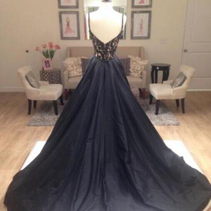 Black Prom Dress, A Line Prom Dresses, Deep V-neck..