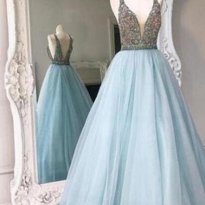 Elegant Prom Dresses, Blue Prom Dresses, Beading..