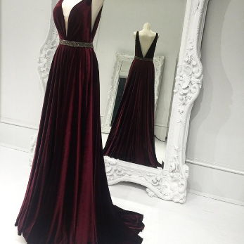 Burgundy Prom Dresses,v-neck Prom Dress,long..