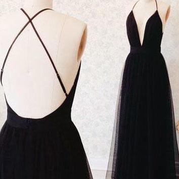 Formal Black Prom Dresses, Tulle Open Back Evening..