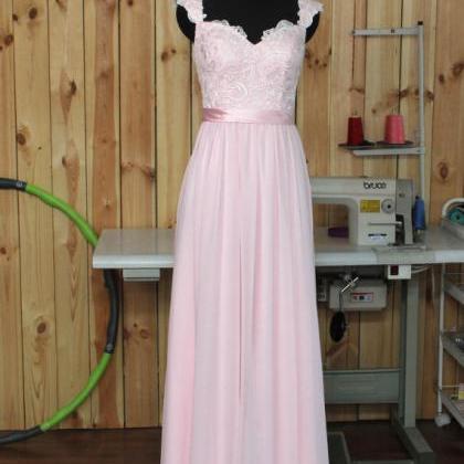 Pale Pink Bridesmaid Dress, Lace Chiffon Prom..