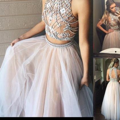 Two Piece Prom Dresses,A Line Prom Dresses,Tulle Prom Dress With Beads ...
