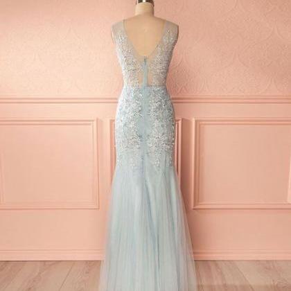 Blue Prom Dresses, V Neck Prom Dress, Lace Prom..