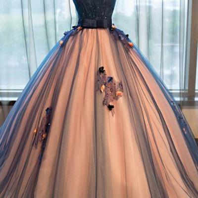 Pretty Prom Dresses,tulle Prom Dresses,v-neck Prom Dresses with applique, A-line long evening dresses ,ball gown prom dress,Prom Dress