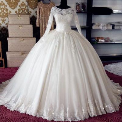Ball Gown Wedding Dresses,Appliques Wedding Gown,Princess Wedding Dresses,Long Sleeves Wedding Dresses